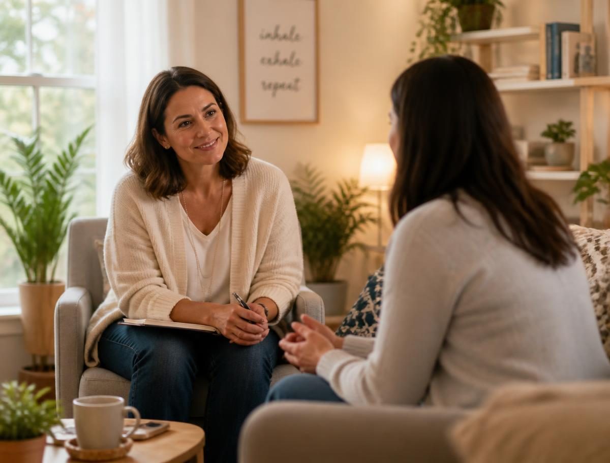 Profissional conversando com paciente em sala acolhedora